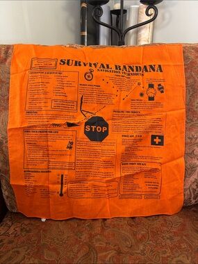 Survival Bandana Printed Navigation & First Aid Tips - Orange Hunting/Hiking New